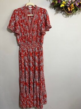 Max Studio Red Floral Maxi Dress with Smocked Waist